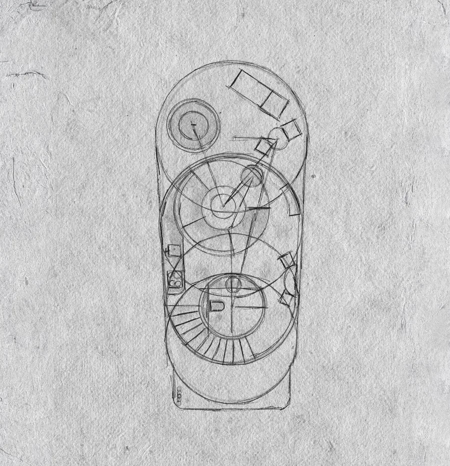 Pencil sketch of Amor seen from above: the round bathroom, the curved staircase, the saloon and the hot tub at the bow