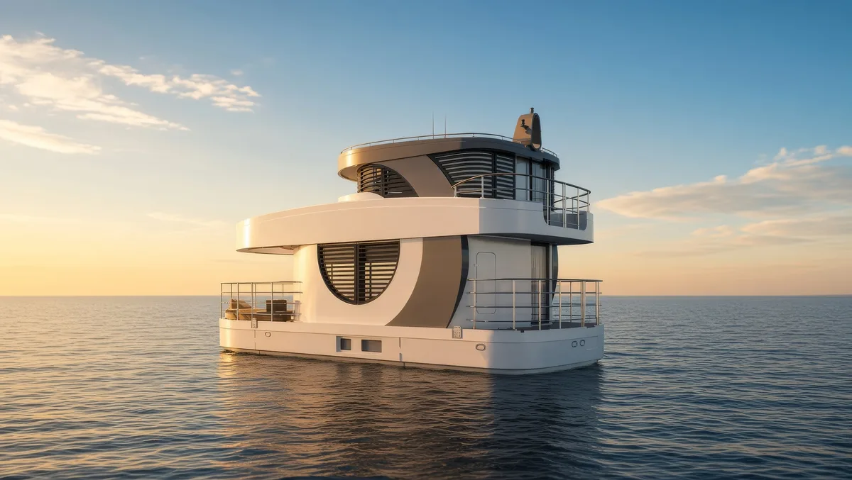 Amor II at sea in the last light of the day, seen from the stern quarter