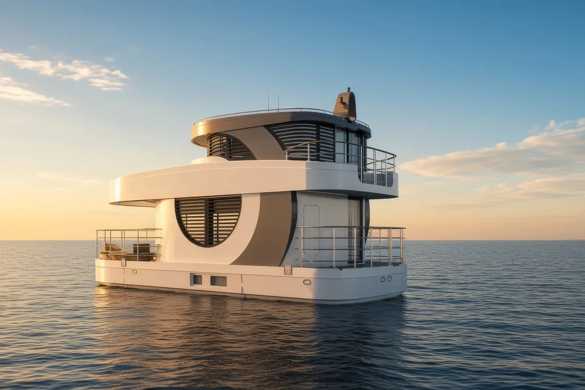 Amor II at sea in the last light of the day, seen from the stern quarter